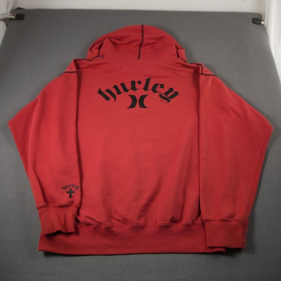Y2K Vintage Thrashed Hurley Skater Hoodie Pullover Mens M Red Black - Picture 3 of 15